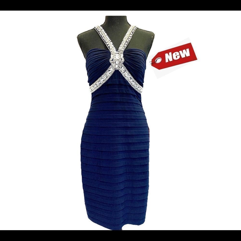 BA Nites blue sweetheart Crystal rhinestone Jewelled cocktail bodycon dress Sz6